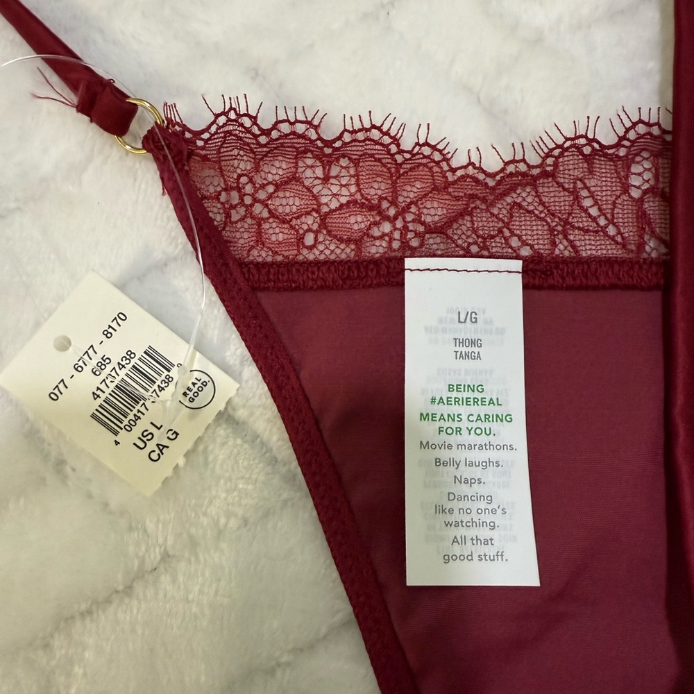 Nwt $60 Aerie Show Off Shine Lace Corset Bra Top Cami & Thong Red Cherry Tart L - Picture 3 of 14